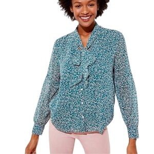 Loft Garden Tie Neck Blouse Green Floral Fluid Draped feminine